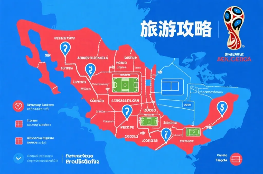 2026世界杯墨西哥赛区城市与球场的旅行攻略地图风格插画